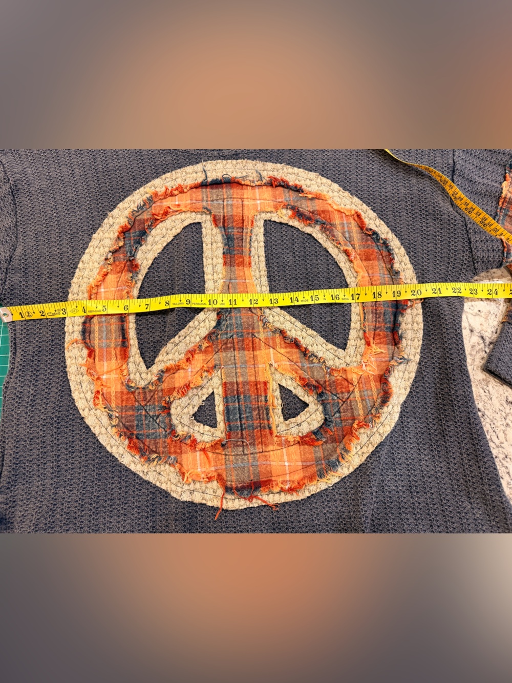 Oli & Hali Peace Sign Patchwork Sweater S Oversized Boho Plaid Mixed Media - Picture 4 of 10